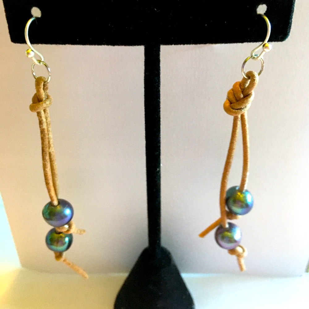 Earrings- Fresh water pearls and leather